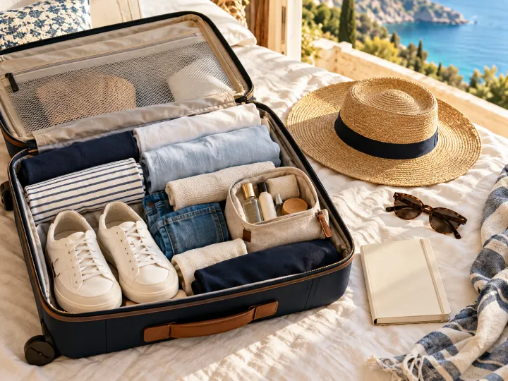 Carry-on suitcase packed with clothing and travel essentials