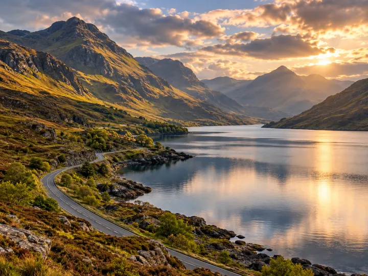 Travel inspiration: a quiet road beside a mountain loch in evening light.