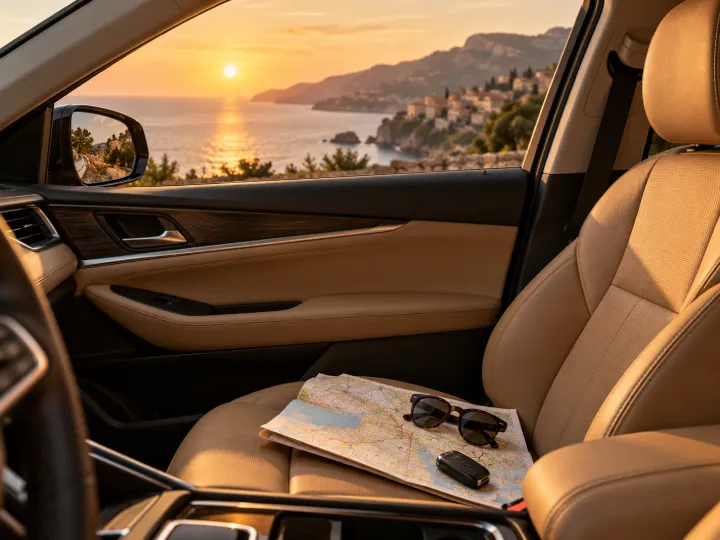 A map, sunglasses and car key on a passenger seat in warm evening light.
