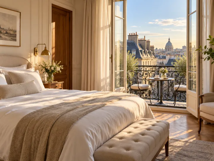 Parisian bedroom with an open balcony overlooking the city