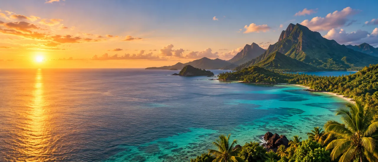 Golden sunset over a turquoise tropical lagoon and mountains
