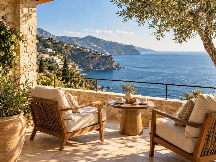 Mediterranean balcony with seating and sea views