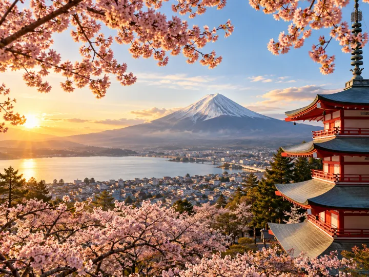 Mount Fuji and a pagoda framed by cherry blossoms