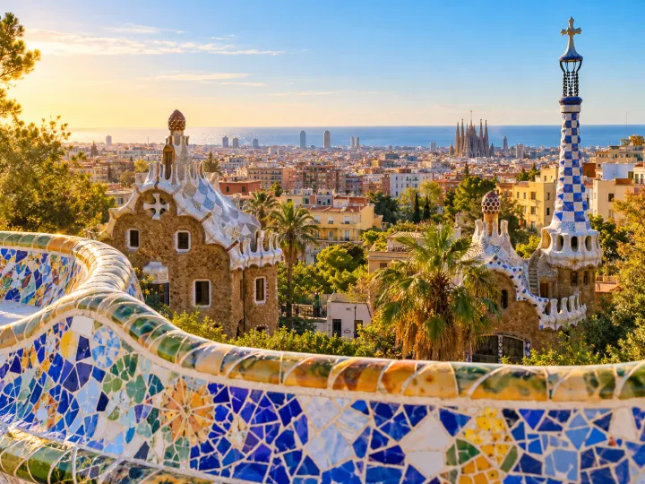 Colourful Park Güell mosaics overlooking Barcelona