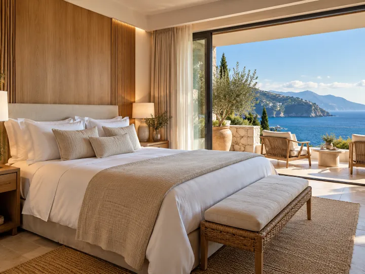 Sunlit bedroom opening onto a terrace overlooking the sea