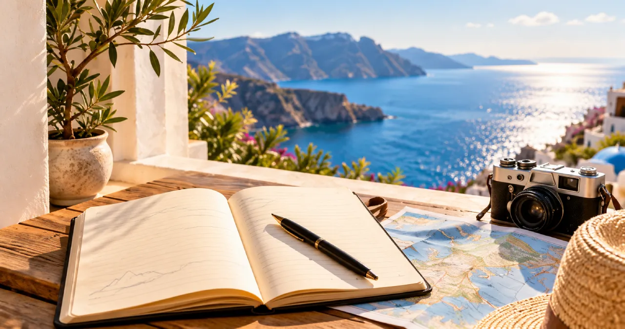 Travel journal, map and camera on a sunlit terrace overlooking the Mediterranean