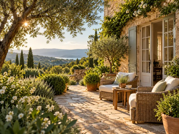 Peaceful terrace shaded by olive trees