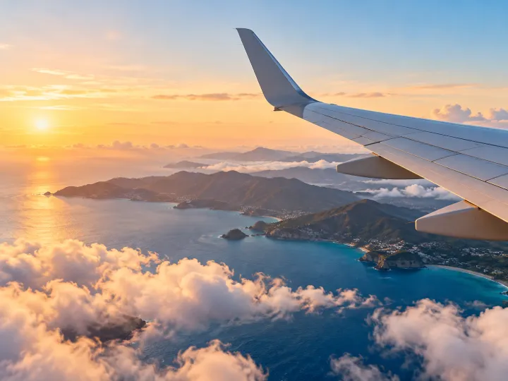 Airplane wing over coastal islands and clouds at sunrise
