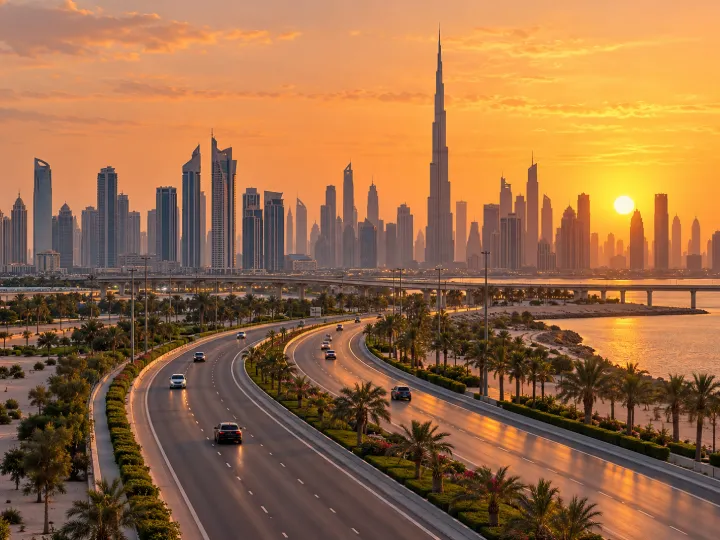 Travel inspiration: a curving highway beneath a sunset city skyline.