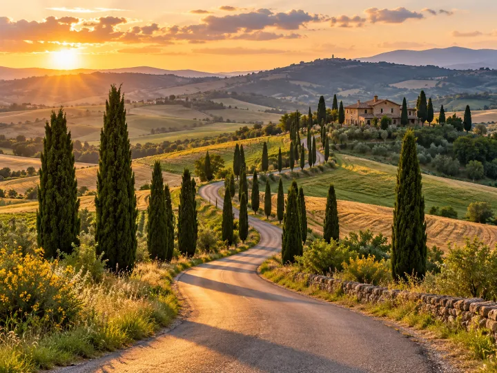 Travel inspiration: a winding road among cypress trees and sunlit hills.