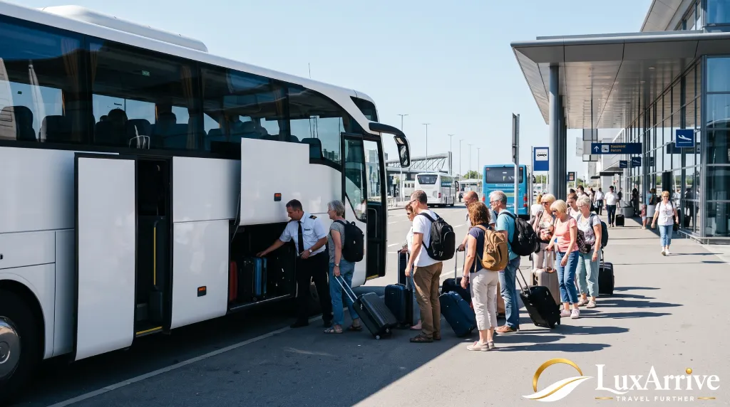 Passengers boarding an Aérobus coach outside the terminal, a key transfer to consider when deciding is Beauvais airport worth it for a weekend in Paris.