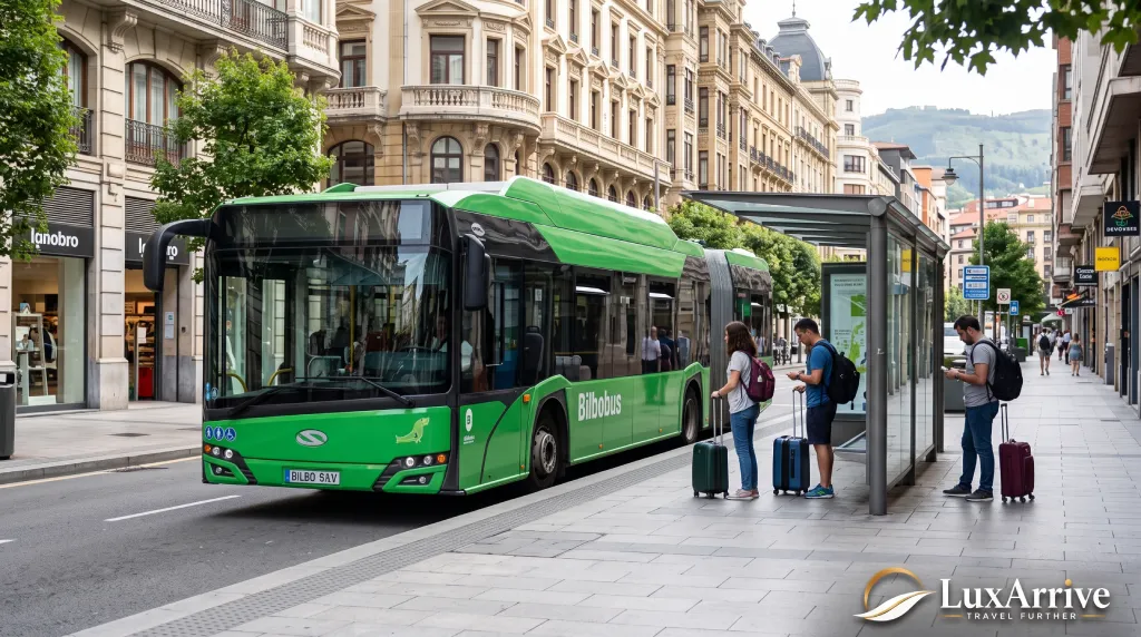 A green Bizkaibus A3247 in the city centre, an essential first step for a relaxed Bilbao arrival day itinerary from airport.