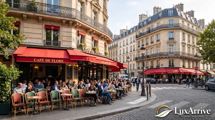 Traditional Parisian cafe terrace with rattan chairs and red awnings in the Saint-Germain neighbourhood.