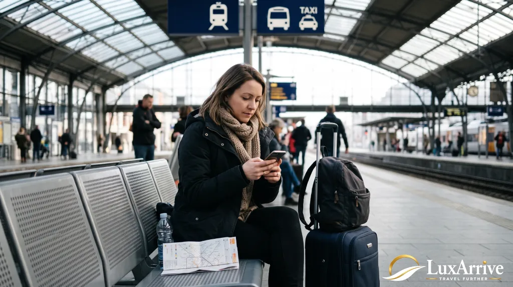 A traveller with a cabin suitcase checking a phone at a train station, navigating airport transfers for a city break.