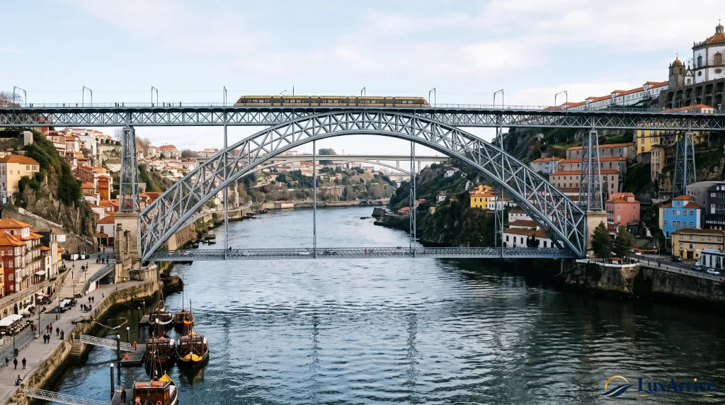 The Dom Luis I Bridge crossing the Douro river, showing both the upper and lower pedestrian decks