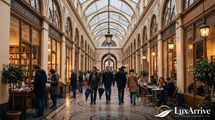 Warm interior of a historic covered passage in Paris, offering an indoor escape from the autumn rain.