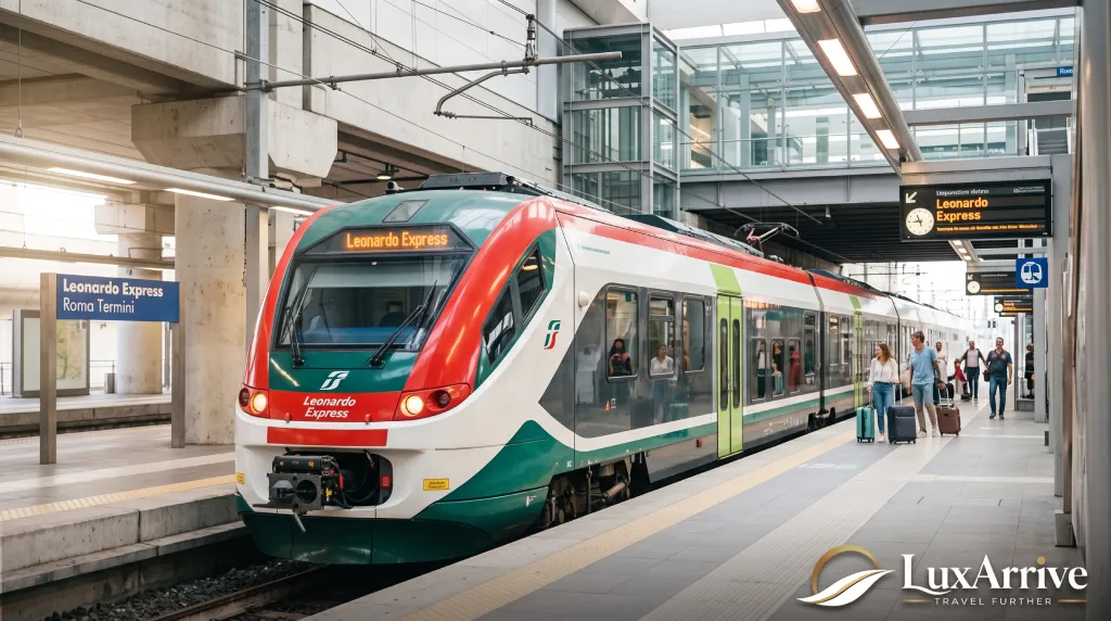 The Leonardo Express train waiting at the platform, a key transport choice for a relaxed Rome arrival day itinerary from Fiumicino.