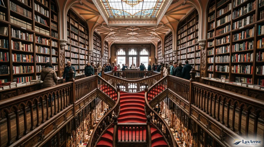 The ornate wooden staircase inside Livraria Lello bookshop in Porto