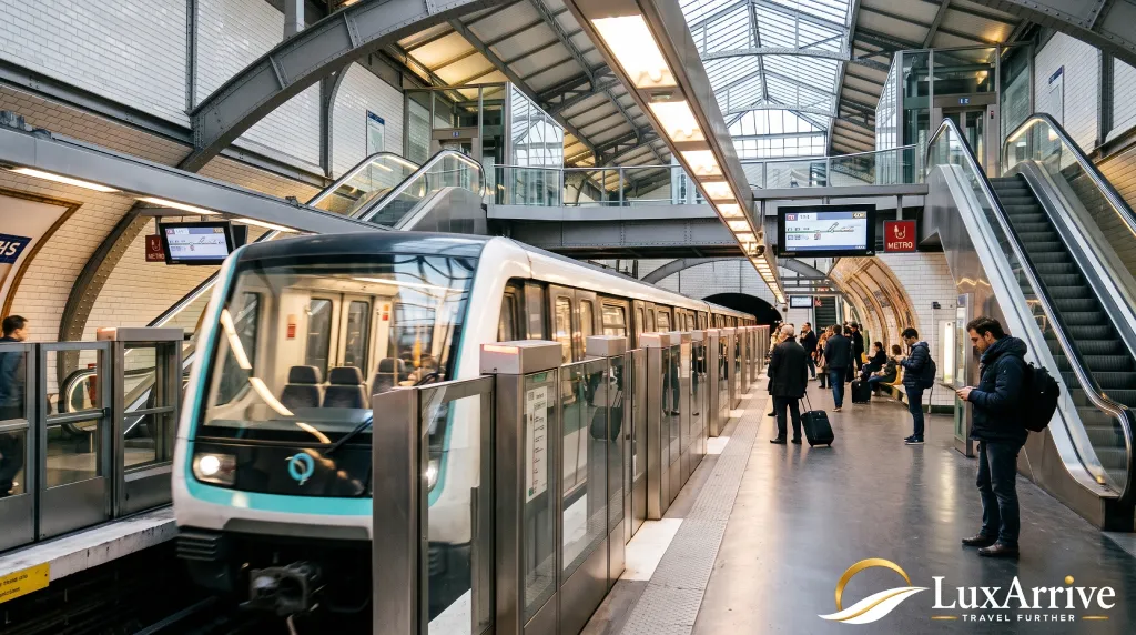 A Paris train used for quick transfers between the city centre and major airports.