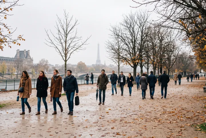 People walking near the River Seine on a cloudy autumn day, starting their Paris in November itinerary for 2 days.