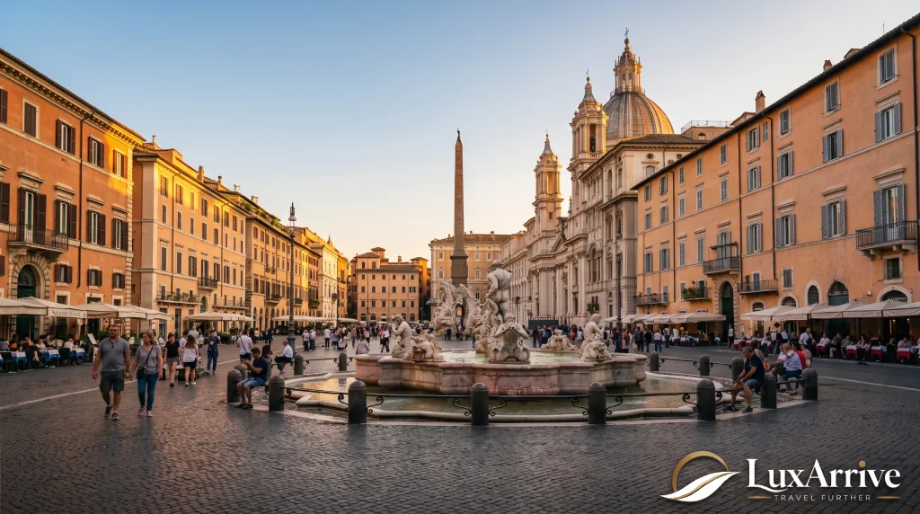 Visitors enjoying a relaxed Rome itinerary stroll around the Bernini fountains in Piazza Navona during the late afternoon.