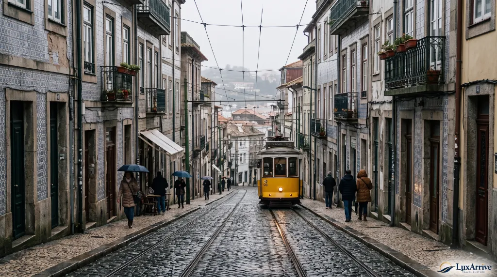 Public transport navigating a steep cobbled street during a Porto winter weekend without a car