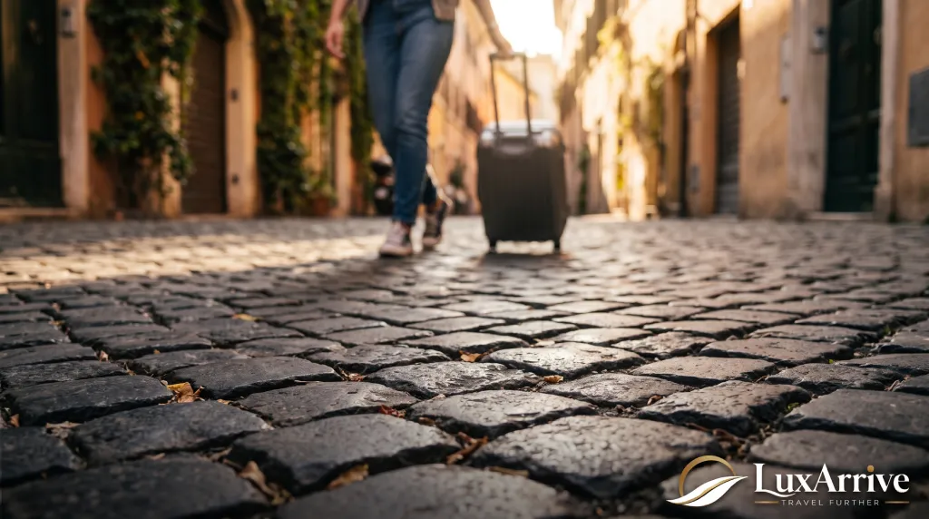 A narrow street showing uneven sanpietrini cobblestones, a practical detail to consider for your first day in Rome luggage plan.