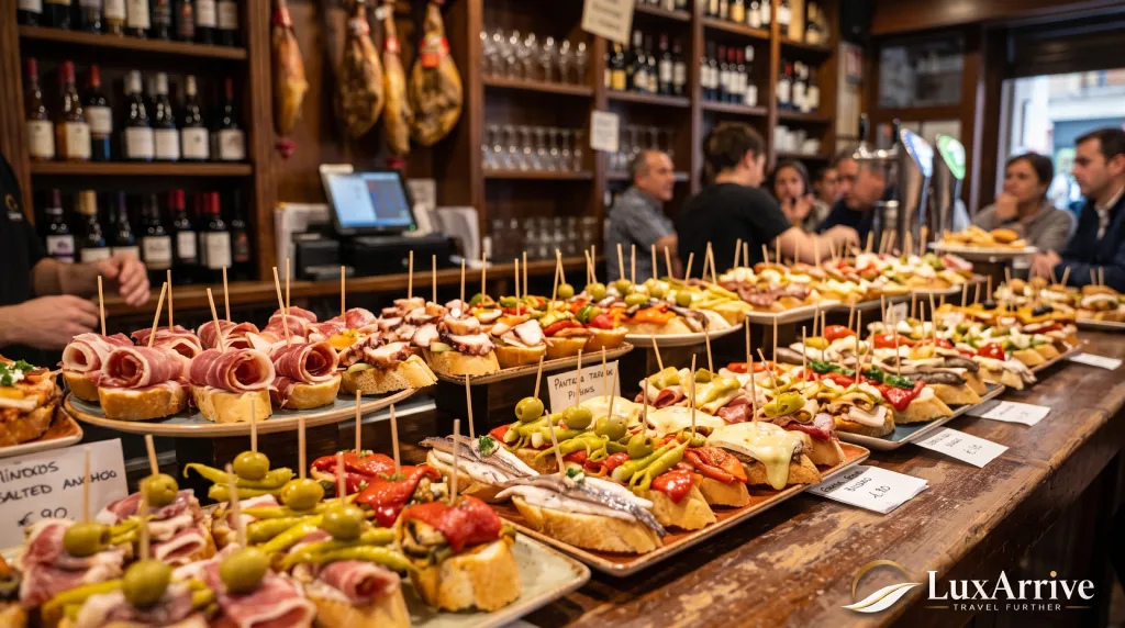A close-up of several different pintxos on slices of bread arranged on a bar counter in Bilbao.