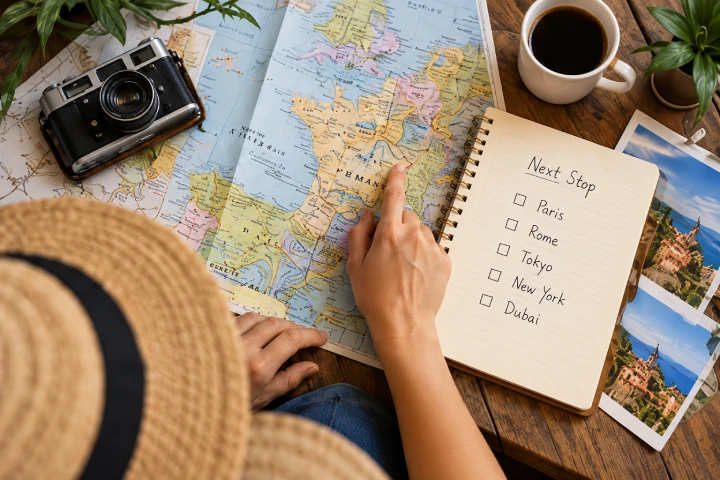 Traveller planning a trip with a map, notebook, camera and coffee.