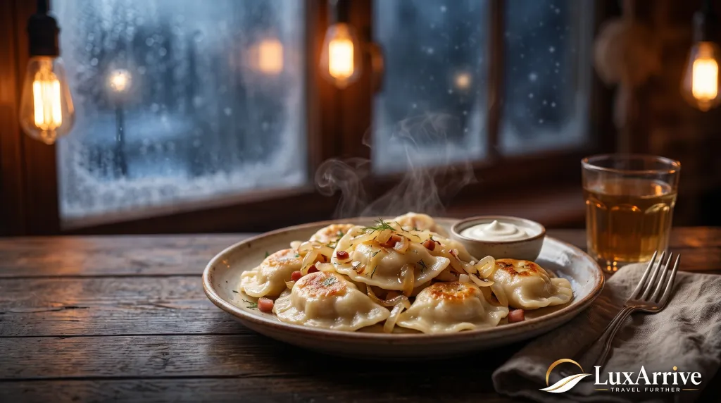 A warm, inviting table inside a Polish restaurant serving a hot plate of pierogi, ideal for a winter evening.