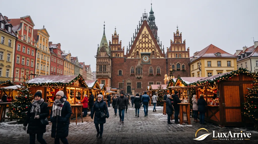 The colourful facades and festive atmosphere of Wroclaw Market Square on a grey afternoon, a key highlight when comparing Gdansk vs Wroclaw in winter.
